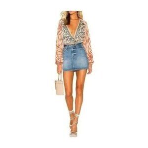 Free People Cruisin' Together Printed Boho V Neck Long Sleeve Cropped Top S
